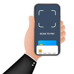 Poster - scan to pay. smartphone to scan qr code on paper for detail, technology and business concept. stock 