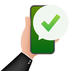 Poster - Smartphone with checkmark or tick notification in bubble. Approved choice. Accept or approve checkmark.  stock illustration.