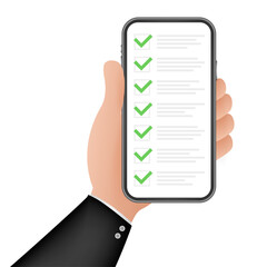 Poster - green check list smartphone. survey illustration. green tick. flat check list smartphone for web des