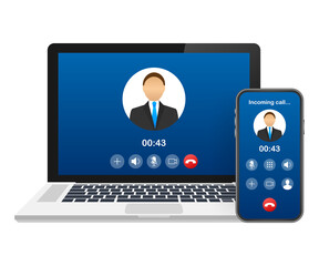 Sticker - Incoming video call on laptop. Laptop with incoming call, man profile picture and accept decline buttons.  stock illustration.