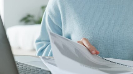Aufkleber - Businesswoman hands, laptop or reading documents in home office for startup planning, digital marketing education or creative growth. Zoom on target audience paper research, remote worker or employee