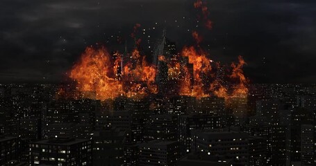 Wall Mural - aerial bombing of crowded city at night time. skyscrapers collapsing. war and destruction related cg