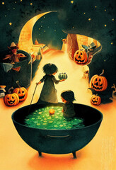 Wall Mural - Halloween abstract children's illustration with spooky cauldron