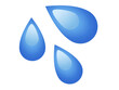 Three light blue droplets icon, as sweat beads, splashing down to right