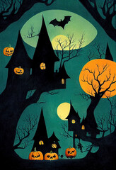 Wall Mural - Halloween abstract children's illustration with spooky cottage