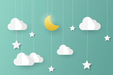 night sky with stars and moon. paper art style. Dreamy background with moon stars and clouds, abstract fantasy background. Half moon, stars and clouds on the dark night sky background.