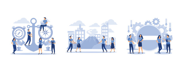 Poster - leadership qualities in the creative team, volcanic eruption, problems at work, set flat vector mode
