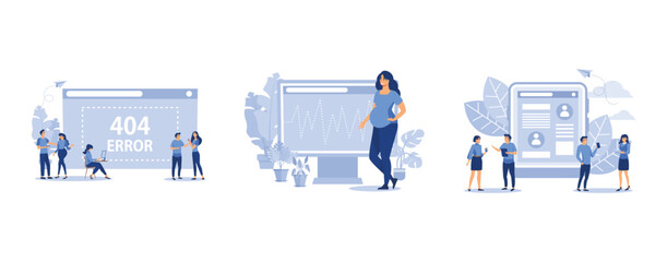 error 404, a pregnant woman expecting a baby on diagnosis, communication via the Internet, set flat vector modern illustration