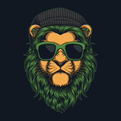 Wall Mural - Lion fur green wearing beanie hat and glasses vector illustration