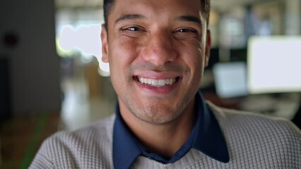 Poster - Vision, motivation and face of business man looking happy while working in a corporate office at night. Portrait, inspiration and success closeup of male enjoying his career, satisfied and smiling