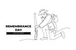 Continuous one line drawing a soldier kneeling with a gun beside the remembrance day to show respect. Remembrance day concept. Single line draw design vector graphic illustration.