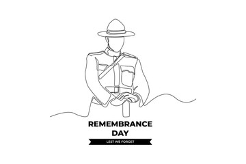 Continuous one line drawing a soldier bow their hands to remembrance day to show respect. Remembrance day concept. Single line draw design vector graphic illustration.