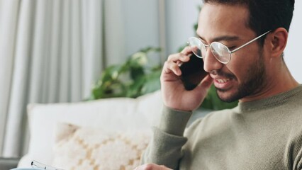 Poster - phone, tablet and communication with a man talking on a call and browsing the internet on a sofa in 