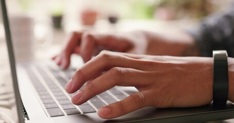 Canvas Print - Journalist student typing a report on a laptop from home and zoom in of the hands of a male freshman studying and writing a college project in his house. Man working on a online proposal or essay