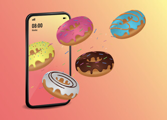 Wall Mural - Vector illustration of donut mobile online delivery service. mobile for order, doughnut icon for transportation. online fast food. pink background