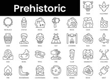 Set Of Outline Prehistoric Icons. Minimalist Thin Linear Web Icon Set. Vector Illustration.