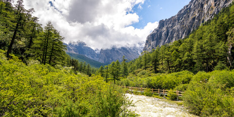 Panorama of the mountain river, walkway in Yading Nature Reserve in Daocheng County, China. Blue sky with copy space for text