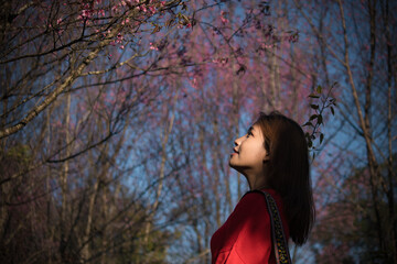 woman see pink flowers