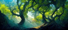 Lush Green Fairytale Forest, Majestic Ancient Oak Trees - Pristine Enchanting Woods. Secluded Grove Full Of Mystical Magical Energy. Beautiful Fantasy Watercolor Stylized Backdrop. 