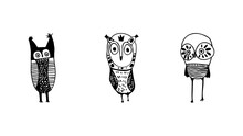 Vector Graphic Of Hand Drawn Owl Set Isolated On White Background. Owl Sketch Black And White Hand Drawn Image.