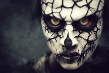 Portrait Of Scary Zombie Man On Dark Background Halloween Makeup  Realistic. Digital Illustration