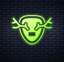 Glowing Neon Deer Antlers On Shield Icon Isolated On Brick Wall Background. Hunting Trophy On Wall. Vector
