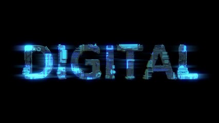 Fototapete - abstract glitch cybernetical text DIGITAL glowing blue electric light, isolated