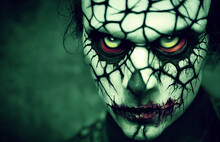 Portrait Of Scary Zombie Man On Dark Background Halloween Makeup  Realistic. Digital Illustration