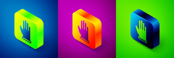 Poster - Isometric Rubber gloves icon isolated on blue, purple and green background. Latex hand protection sign. Housework cleaning equipment symbol. Square button. Vector