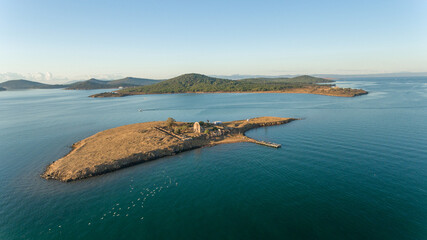 Wall Mural - Aerial view of old ruin church on a island in Cunda, Ayvalık, Turkey