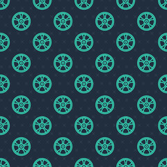 Green line Alloy wheel for car icon isolated seamless pattern on blue background. Vector