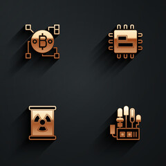 Poster - Set Blockchain technology Bitcoin, Processor CPU, Radioactive waste barrel and Mechanical robot hand icon with long shadow. Vector