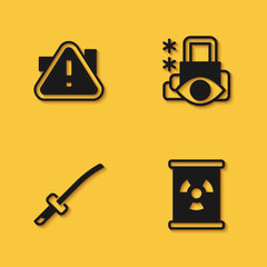 Poster - Set Exclamation mark in triangle, Radioactive waste barrel, Katana and Cyber security icon with long shadow. Vector