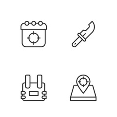 Poster - Set line Hunt place, Bulletproof vest, Target sport and Hunter knife icon. Vector