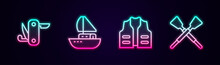 Set Line Swiss Army Knife, Yacht Sailboat, Fishing Jacket And Crossed Oars Or Paddles. Glowing Neon Icon. Vector