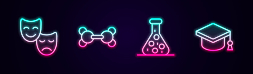 Set line Comedy and tragedy masks, Molecule, Test tube and Graduation cap. Glowing neon icon. Vector