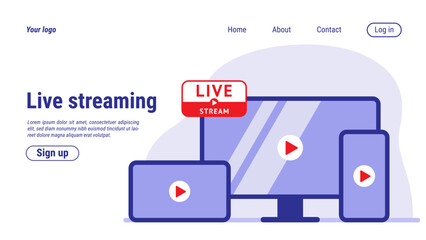 Fototapete - Live stream video internet landing page. Movie creator. Commercial media. Camera record. Influencers content. Computer and phone screens. Website template. Vector illustration design