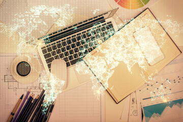 Poster - Social network hologram drawings over computer on the desktop background. Top view. Multi exposure. Concept of people connection.