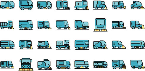 Poster - Sweeper icons set outline vector. Street truck. Machine broom thin line color flat on white