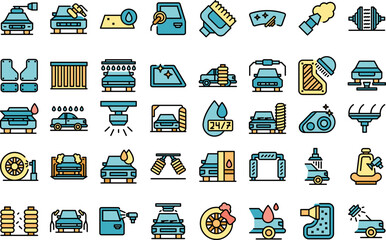 Wall Mural - Automated car wash icons set outline vector. Car auto. Vehicle transport thin line color flat on white