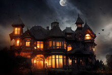 Large Victorian House Of Terror With A Full Moon In The Dark And Candlelight. Halloween Theme Of Horror House In The Dark. 3D Illustration And Fantasy Digital Painting.