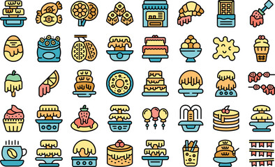 Poster - Chocolate fountain icons set outline vector. Candy cream. Delicious waterfall thin line color flat on white