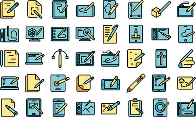 Poster - Digital pen icons set outline vector. Graphic tool. Art design thin line color flat on white