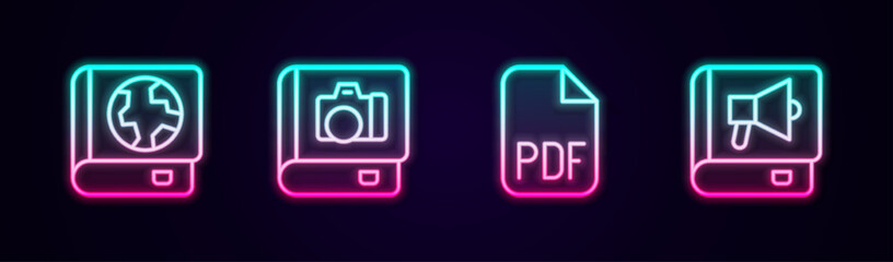 Sticker - Set line Earth globe and book, Photo album gallery, PDF file document and Book. Glowing neon icon. Vector