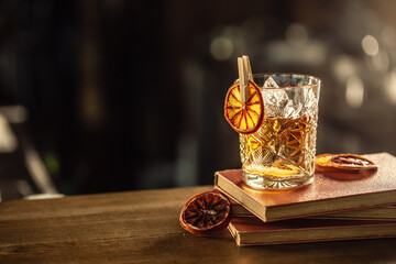 Canvas Print - Glass cup with Old Fashioned cocktail in retro style