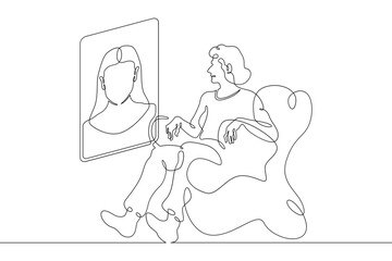 Poster - one continuous line. retired woman in armchair talking via video link. mobile phone screen. an old w