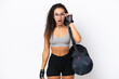 © luismolinero - Young sport Arab woman with sport bag isolated on white background with glasses and surprised