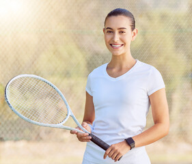 Sticker - Woman, tennis and sports motivation on a court for fitness game, workout and competition training. Portrait, smile and happy player with racket for energy exercise, health wellness and winner mindset