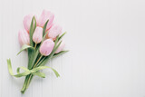 Fototapeta Tulipany - Fresh red tulip flowers bouquet on shelf in front of wooden wall.