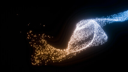 abstract fluid flowing gold and blue light particle curve shape isolated on black background with sp